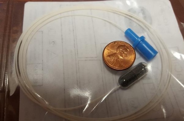 Image: A small sponge compressed within a capsule was used to collect cells from the esophagus to look for biomarkers of esophageal cancer and precancerous conditions (Photo courtesy of Stephen Meltzer, M.D./Johns Hopkins Medicine)