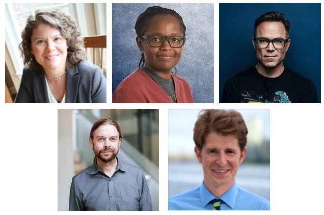 Top Row (from left to right): Heidi L. Rehm, PhD, FACMG;  Judy Wawira Gichoya, MD, MS , FSIIM; Timothy Caulfield, CM, LLM, FRSC, FCAHS. Bottom Row (from left to right): Jack Gilbert, PhD; Leonardo Trasande, MD, MPP