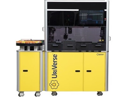 Image: UriVerse automates decapping of specimen containers, precise aliquoting, and automatic labeling/recapping of secondary tubes (Photo courtesy of Copan Diagnostics)