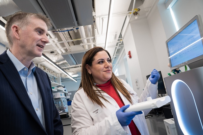 Image: senior author Christopher Hourigan (left) and first author Rasha Al-Ali of Virginia Tech\'s Fralin Biomedical Research Institute found that a highly sensitive DNA-based test may help doctors predict which patients with AML are most likely to relapse (Photo courtesy of Lena Ayuk/Virginia Tech)