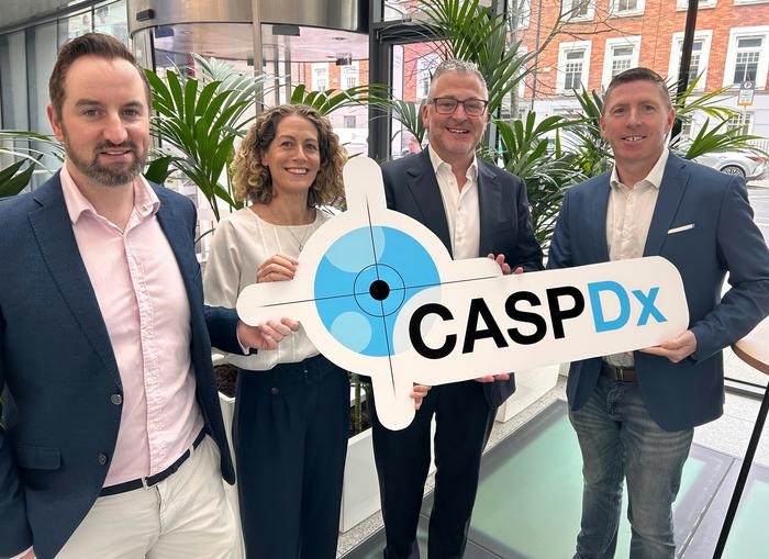 Image: The team behind the CASPDx project: Dr. Kieran Clarke, Commercial Lead; Dr. Emma Creagh, Associate Professor in Biochemistry at Trinity College Dublin and Scientific Lead; Prof. Glen Doherty, Consultant Gastroenterologist at St Vincent’s University Hospital; Dr Paul Leonard, Development Lead, Dublin City University (Photo courtesy of Thomas Deane, Trinity College Dublin)