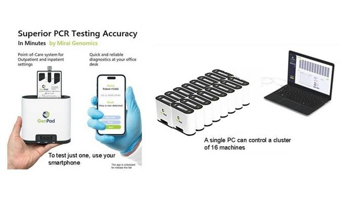 Image from an introductory video for the GenPad cartridge being developed for the detection of Ebola virus disease (Bundibugyo virus). This product is currently under development and evaluation and is not intended for clinical use or commercial sale. A video introducing the development-stage platform is available at https://www.dnaform.jp/ja/GenPad/Product/BDBV Credit (Photo courtesy of Osaka Metropolitan University)