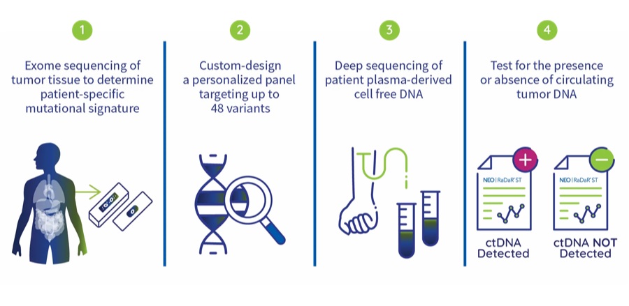 Image: RaDaR ST uses a tumor-informed approach that identifies up to 48 patient-specific variants through whole-exome sequencing and tracks those variants in plasma to detect circulating tumor DNA (ctDNA) at very low variant allele fractions (VAFs) (Photo courtesy of Neogenomics)