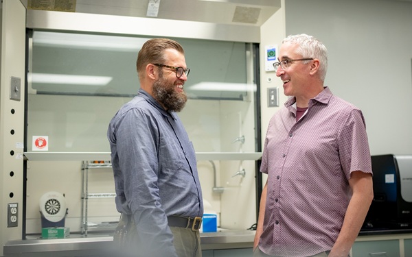 Image: Dr. Gavin Arno (left) and Dr. Richard Steet in the research laboratory at the Greenwood Genetic Center (Photo courtesy of Greenwood Genetic Center) Image: Dr. Gavin Arno (left) and Dr. Richard Steet in the research laboratory at the Greenwood Genetic Center (Photo courtesy of Greenwood Genetic Center)