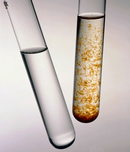 Image: Two test tubes of contaminated water. The tube on the right is contaminated with visible sediment. The tube on the left is clear but contains invisible contaminants such as microorganisms or chemicals (Photo courtesy of Tek Image).