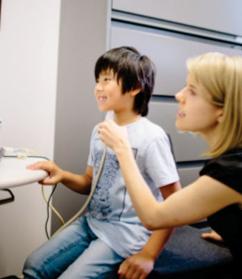 Image: Using ultrasound technology to visualize the tongue’s shape and movement can help children with difficulty pronouncing “r” sounds, according to research led by NYU Steinhardt assistant professor Tara McAllister Byun (Photo courtesy of Ramsay de Give/NYU Steinhardt).