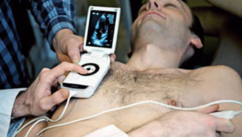 Image: A patient being examined with a portable ultrasound (Photo courtesy of the Research Council of Norway).