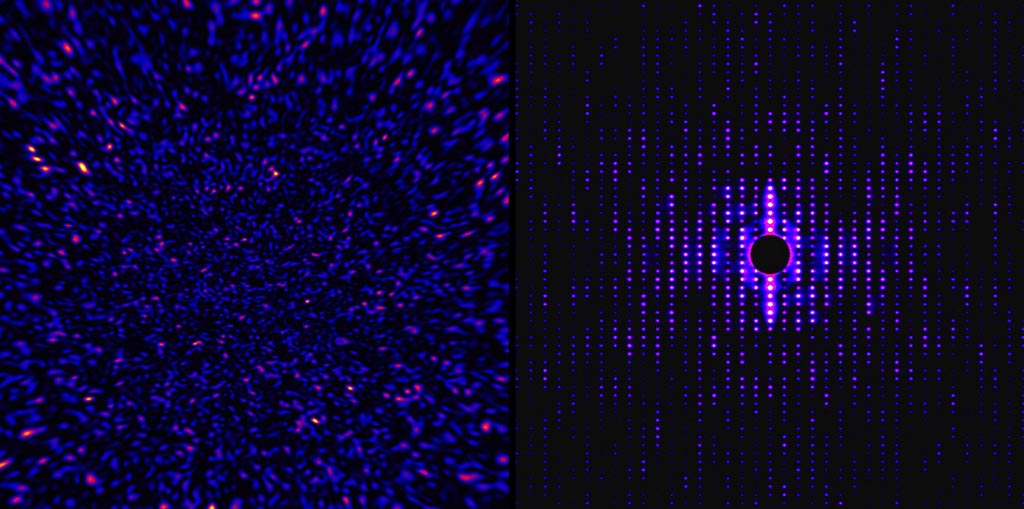 Image: Incoherent diffraction pattern (L), and after IDI intensity correlation (R) (Photo courtesy of Kartik Ayyer / DESY).