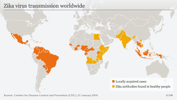 Imagen: La transmisión mundial del virus Zika (Fotografía cortesía del CDC).