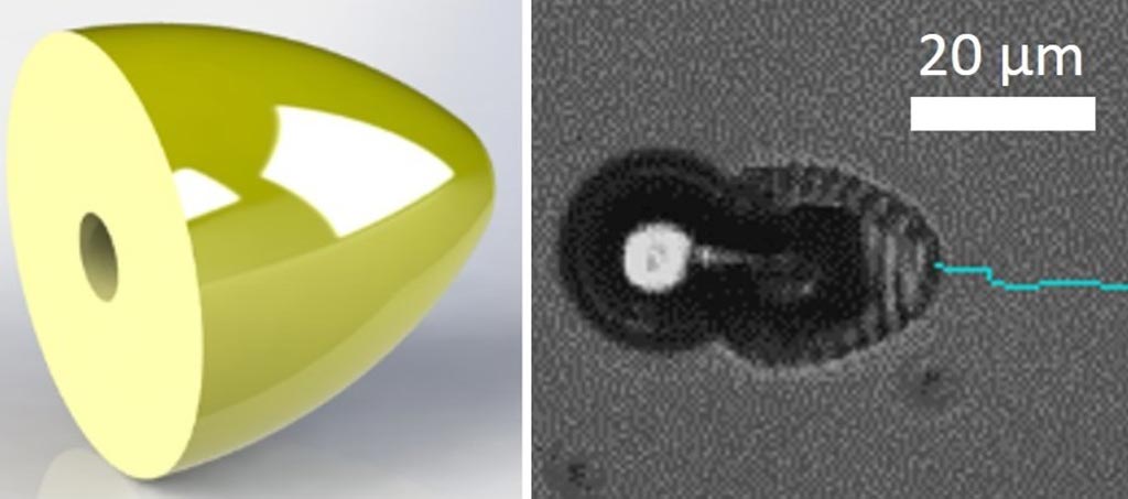 Imagen: Un microrobot en forma de bala con una cavidad interior programada, nadando en H2O2 al 5% (Fotografía cortesía del Instituto Max Planck).