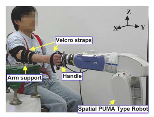 Imagen: Una instalación experimental para la estimación de la impedancia humana del antebrazo y de la muñeca 3DOF (Fotografía cortesía de UNIST).