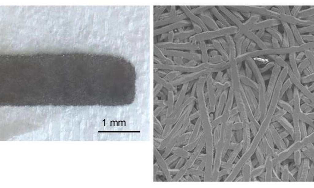 Imágenes macroscópicas (I) y de microscopía electrónica de barrido (D) de una placa de fibra de titanio (Fotografía cortesía de la Universidad Shinshu).