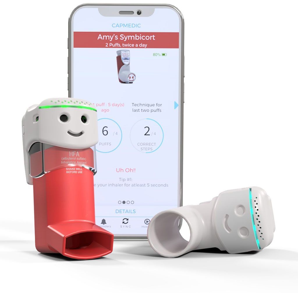 Imagen: El inhalador CapMedic y la aplicación para teléfonos inteligentes (Fotografía cortesía de Cognita Labs)