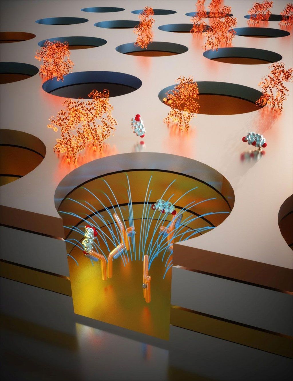 Imagen: Representación artística de las moléculas de estrés en la sangre que se detectan electrónicamente dentro de los nanopozos (Fotografía cortesía de Ella Marushchenko)