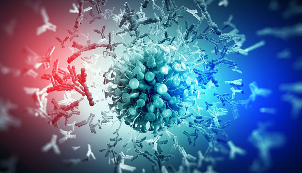 Imagen: Una ilustración de los anticuerpos rodeando un virus (Fotografía cortesía de Stanford Medicine)