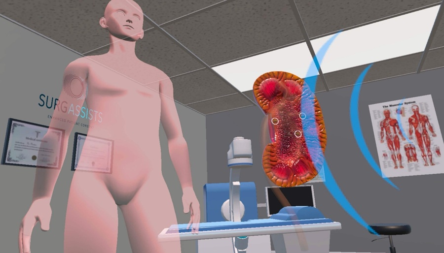 Imagen: el módulo de RV sitúa al usuario en un quirófano virtual y ofrece una demostración en 3D de la litotricia por ondas de choque (Fotografía cortesía de Phoebe Reynolds/Surgassists)