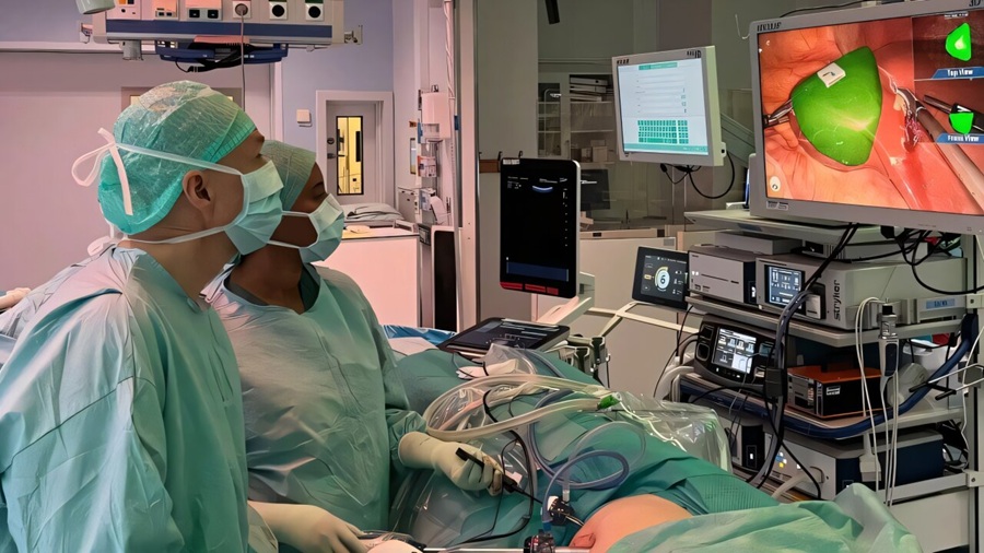 Imagen: La nueva tecnología utiliza realidad aumentada para superponer una visualización 3D del tumor y otras estructuras anatómicas en la vista de la cámara del cirujano. Aquí, Niclas Kvarnström, cirujano de trasplantes y director del Centro de Trasplantes, y Fatuma Shieriye, médica especialista, realizan la primera operación con la nueva tecnología. (Crédito de la imagen: Jenny Cedås) Imagen: La nueva tecnología utiliza realidad aumentada para superponer una visualización 3D del tumor y otras estructuras anatómicas en la vista de la cámara del cirujano. Aquí, Niclas Kvarnström, cirujano de trasplantes y director del Centro de Trasplantes, y Fatuma Shieriye, médica especialista, realizan la primera operación con la nueva tecnología. (Crédito de la imagen: Jenny Cedås)