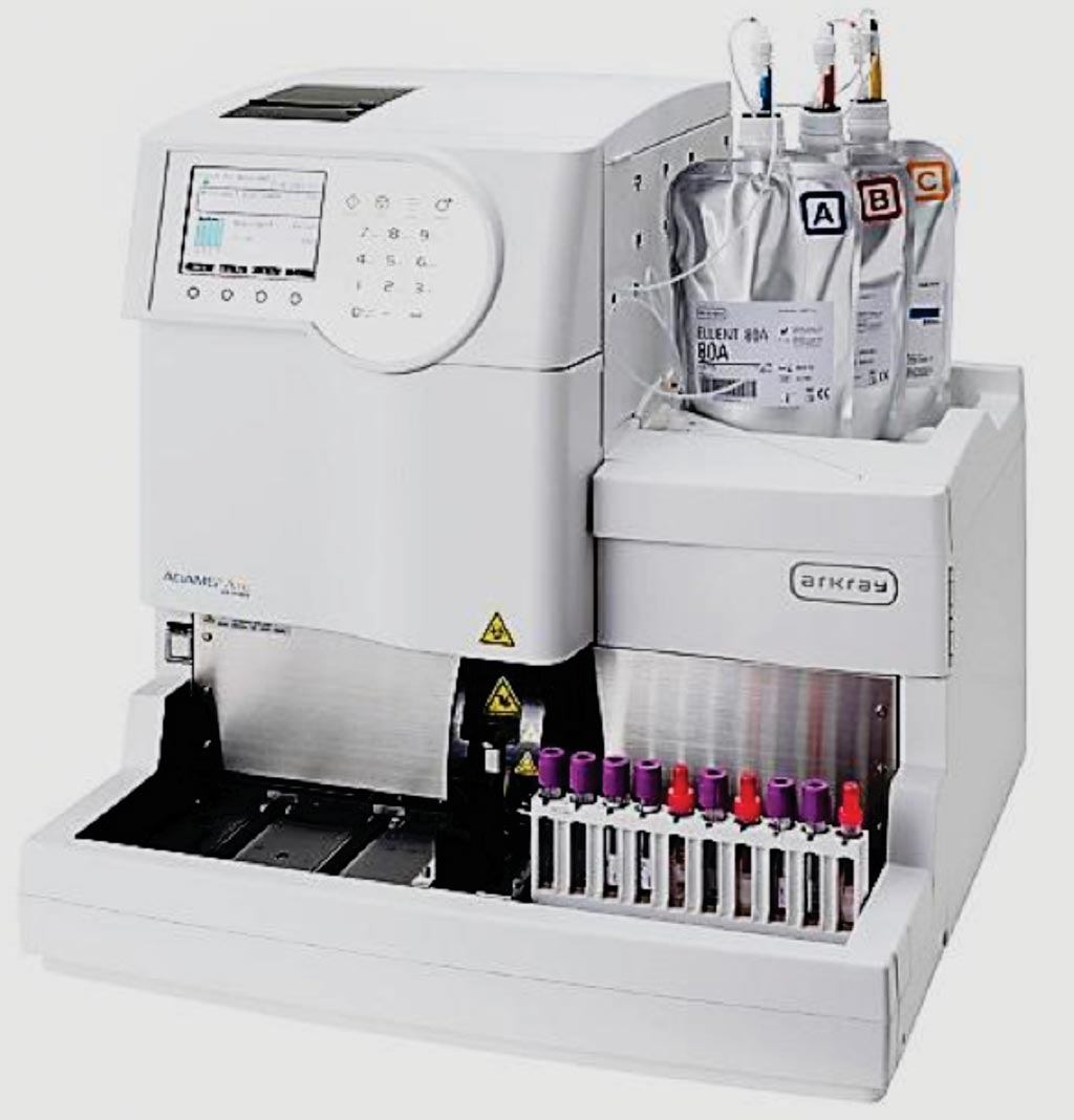 El analizador de glicohemoglobina (HbA1c), completamente automatizado, ADAMS A1c, HA-8180 basado en la HPLC (Fotografía cortesía de Arkray).