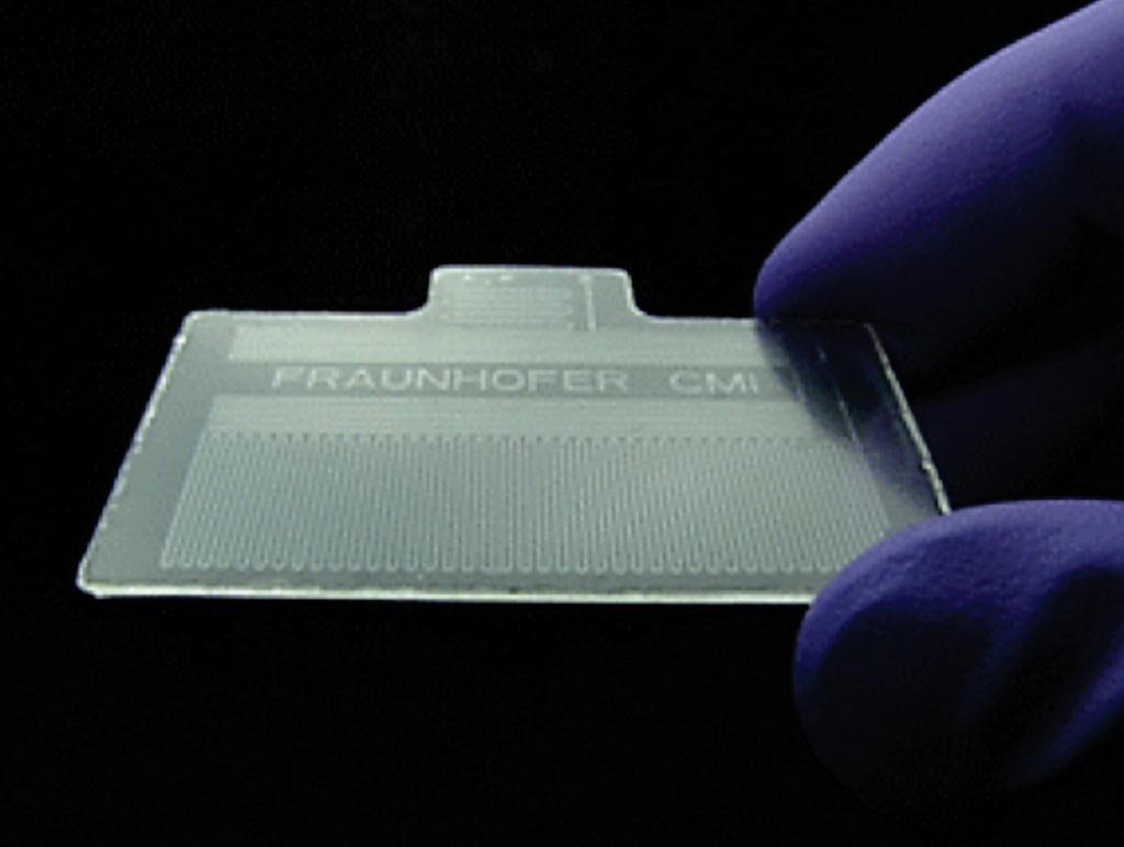 Imagen: Una fotografía del chip termoplástico para la reacción en cadena de la polimerasa con transcriptasa inversa cuantitativa (qRT-PCR) (Fotografía cortesía de Fraunhofer USA).
