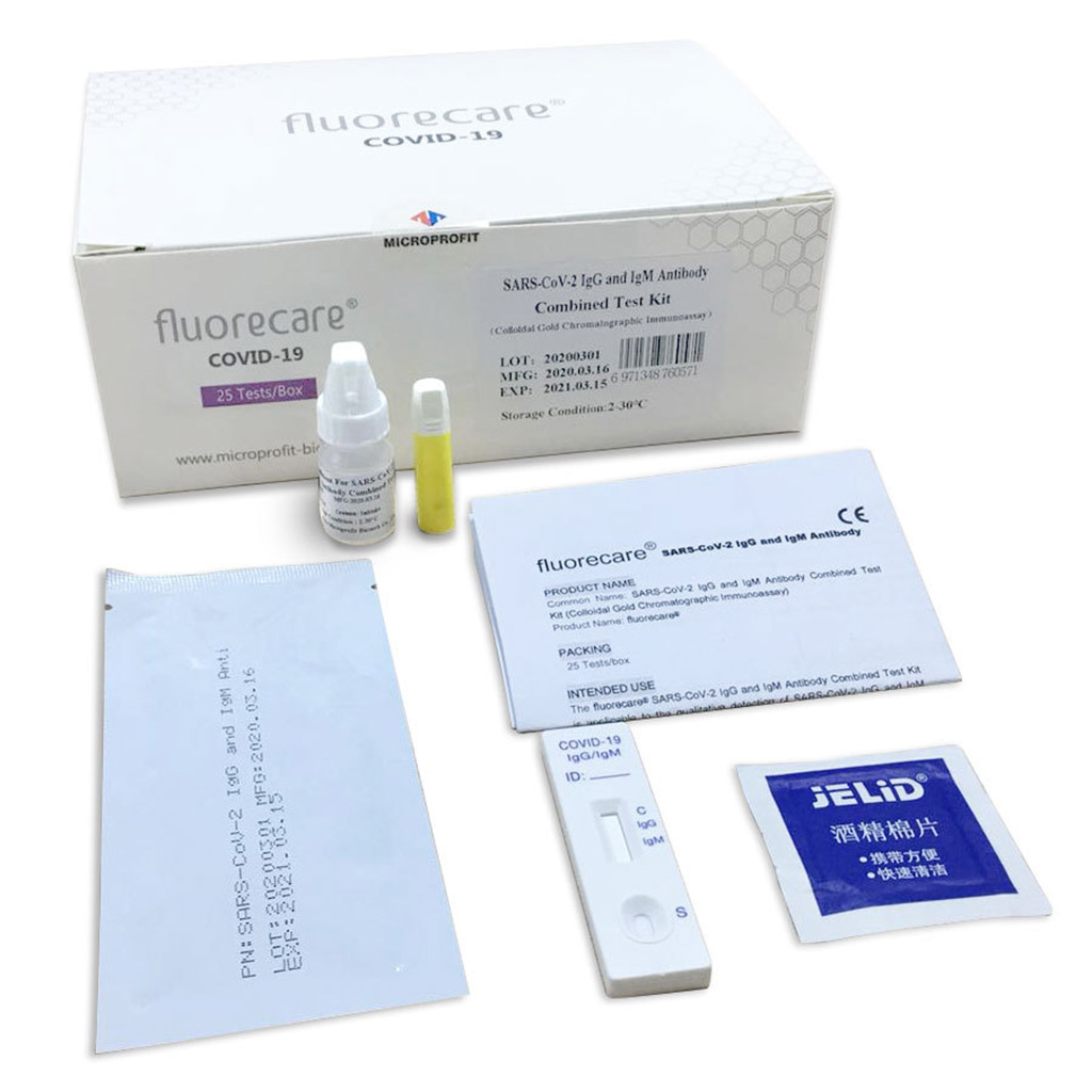 Imagen: Kit de análisis combinado para anticuerpos IgG e IgM del SARS-CoV-2 fluorecare® (Fotografía cortesía de NovaBay Pharmaceuticals, Inc). Imagen: Kit de análisis combinado para anticuerpos IgG e IgM del SARS-CoV-2 fluorecare® (Fotografía cortesía de NovaBay Pharmaceuticals, Inc).