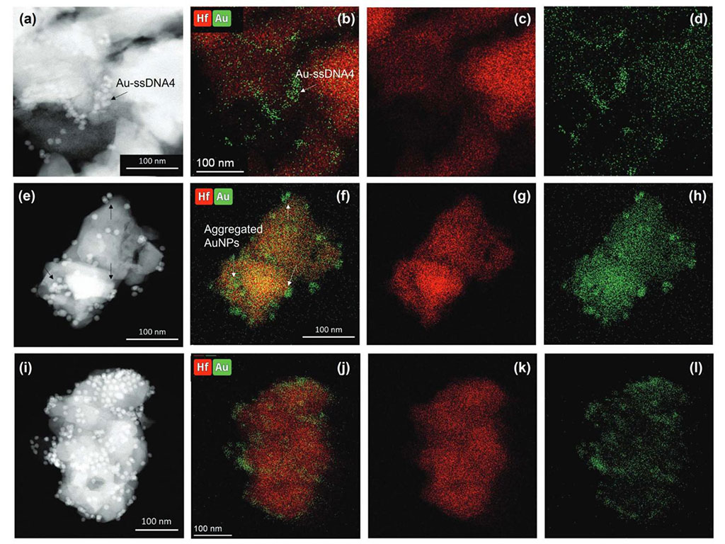 Imagen: Imágenes que muestran el nanoensamblaje de la prueba rápida para mpox antes (a) y después (e) de la adición de ADN de mpox (Fotografía cortesía de Penn State) Imagen: Imágenes que muestran el nanoensamblaje de la prueba rápida para mpox antes (a) y después (e) de la adición de ADN de mpox (Fotografía cortesía de Penn State)