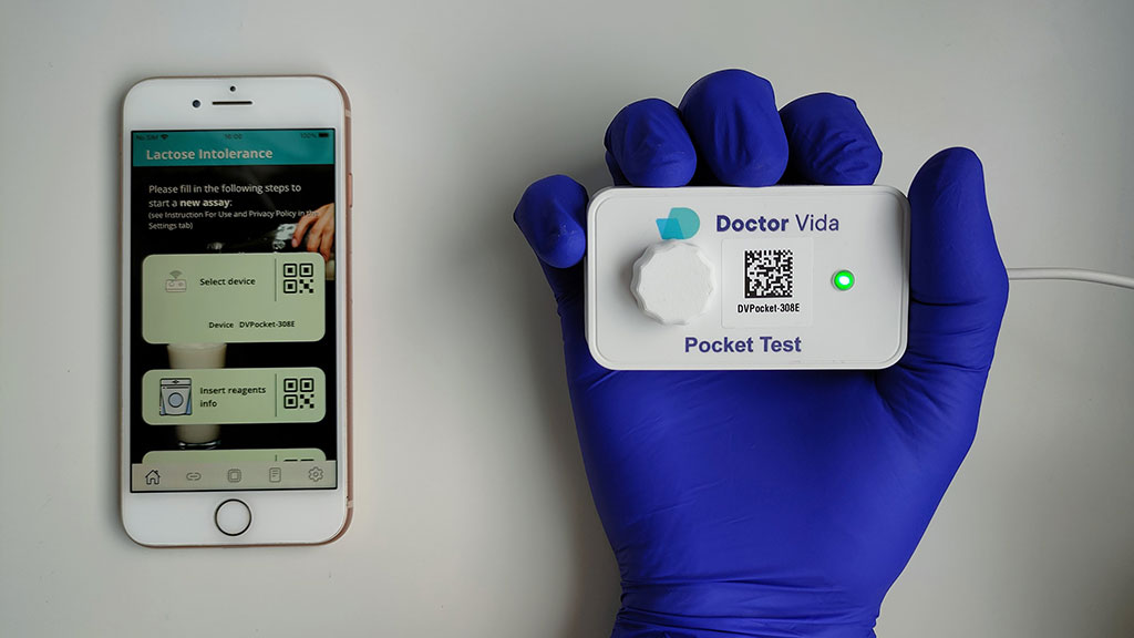Imagen: Dispositivo portátil pequeño de laboratorio en el teléfono para el diagnóstico de intolerancia a la lactosa (Fotografía cortesía de STAB VIDA)