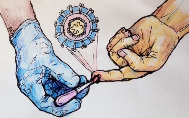 Imagen: ilustración de una extracción de sangre mediante punción en el dedo para la prueba de hepatitis C con un dibujo del virus insertado (fotografía cortesía de Alice C. Gray)