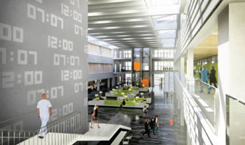 Image: The planned three story entrance atrium of the NKS - the New Karolinska Solna (Photo  courtesy of the New Karolinska Solna).