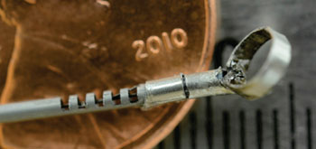 Image: A curette mounted upon the tiny nitinol wrist (Photo courtesy of Vanderbilt University).