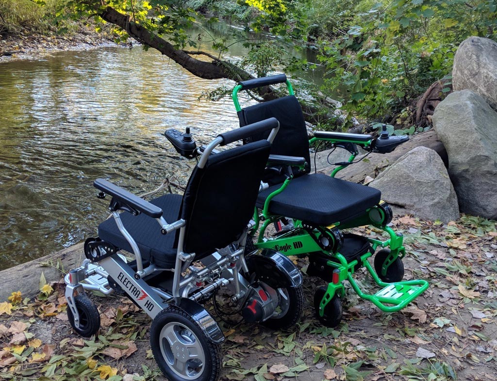 Image: The Eagle and Electra7 folding power wheelchairs (Photo courtesy of Quick N Mobile).