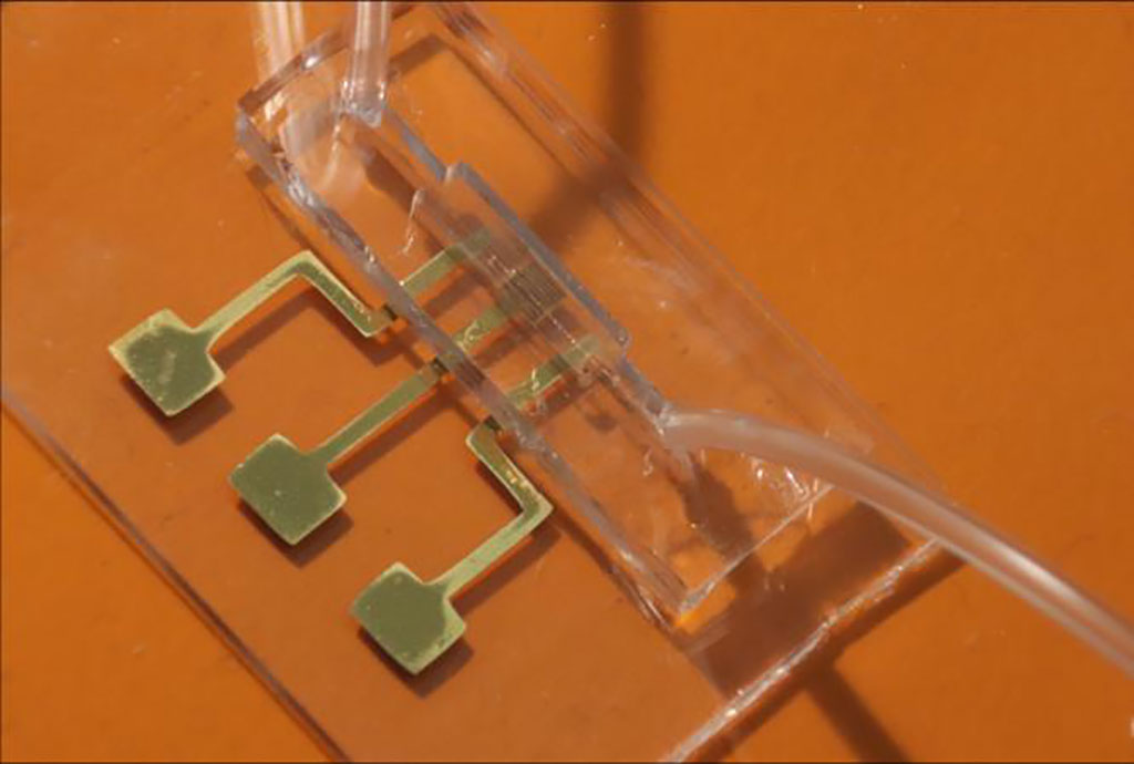 Image: An image of the COVID-19 test chip made by aerosol jet nanoparticle 3D printing (Photo courtesy of Carnegie Mellon University)