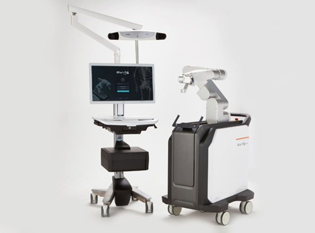 Image: The CUVIS-Spine spinal surgery robot main console (L) and robotic arm (R) (Photo courtesy of Curexo)