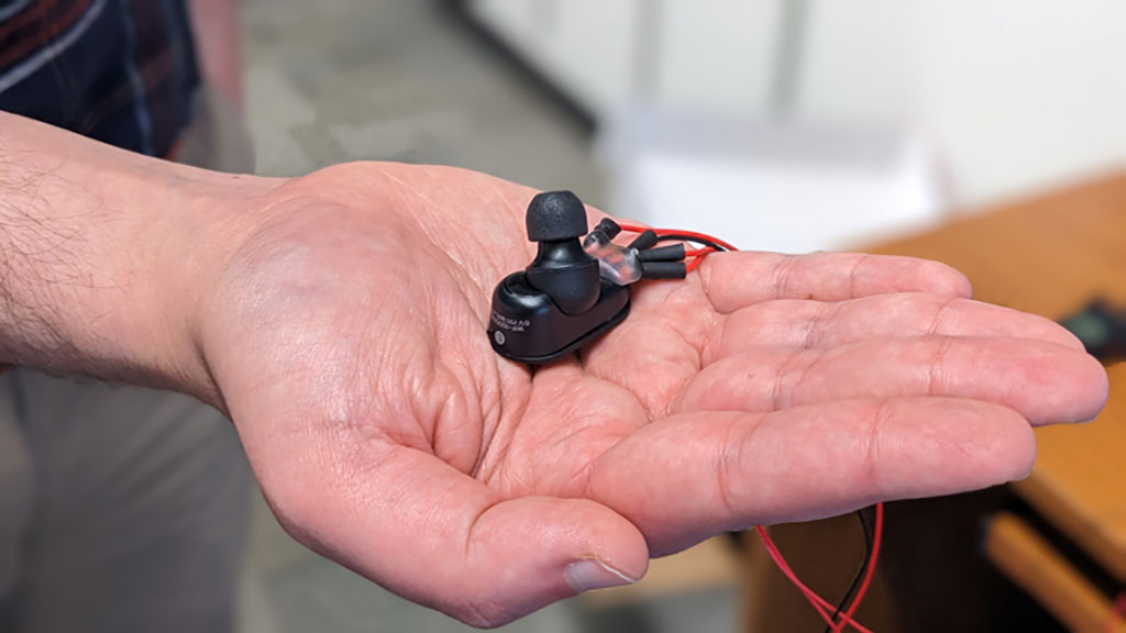 Image: An earbud prototype that has been wired for data collection (Photo courtesy of MUSC)