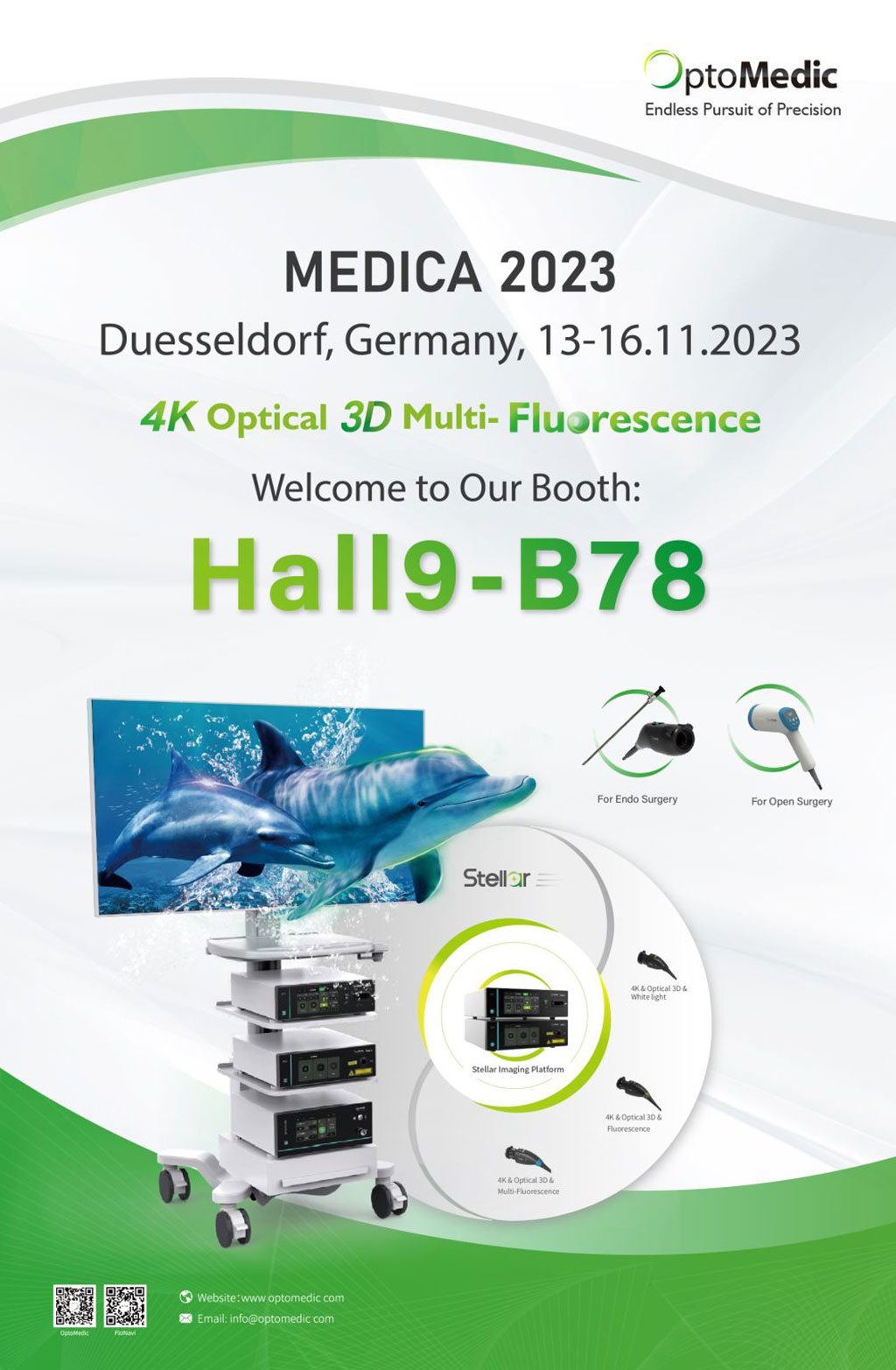 Image: The Stellar 4K3D fluorescence endoscopy imaging platform is on display at MEDICA 2023 (Photo courtesy of OptoMedic)