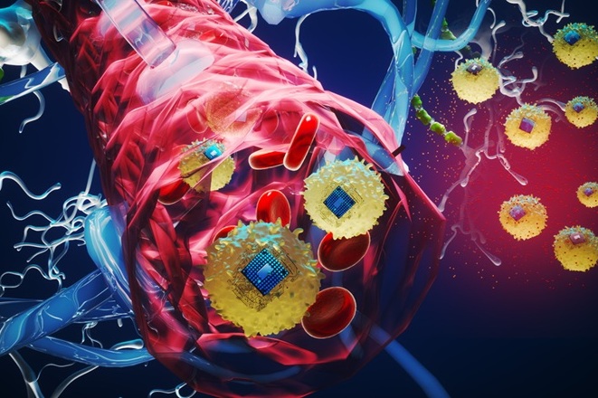 Image: The microscopic wireless electronic device can travel through blood and become implanted in targeted brain regions (Photo courtesy of MIT)