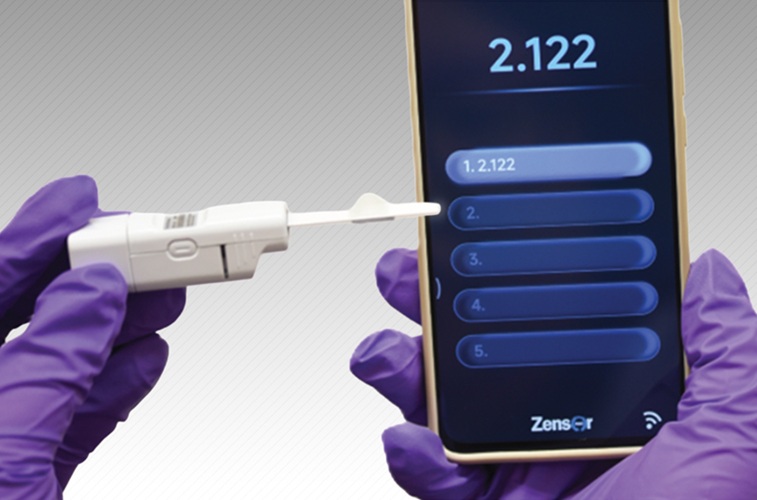 Image: A smartphone application displays a glucose concentration that was measured using the new sensor (Photo courtesy of Chuchu Chen and Yonghao Fu)