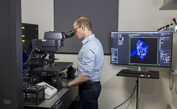 Image: Researcher Nick Housley examines microscopic nanohydrogels, gel-like particles designed to carry drugs through the bloodstream (Photo courtesy of Georgia Tech)