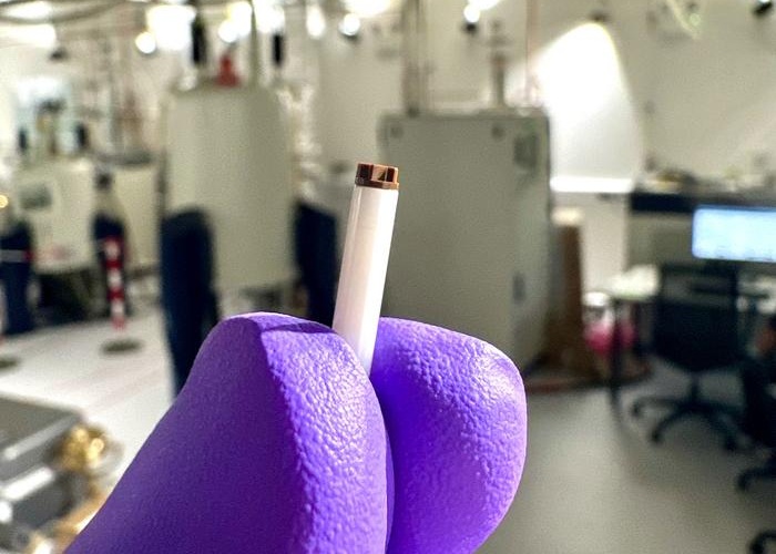Image: Understanding how the gel is assembled at the atomic scale required a technique called Magic Angle Spinning Nuclear Magnetic Resonance. A tiny quantity of gel was packed into a ceramic rotor like this and spun at nearly one million revolutions per minute inside a powerful magnet. The measurements revealed how palladium atoms connect the foldamer molecules to form the gel’s molecular backbone. (Photo courtesy of Dominik Kubicki)