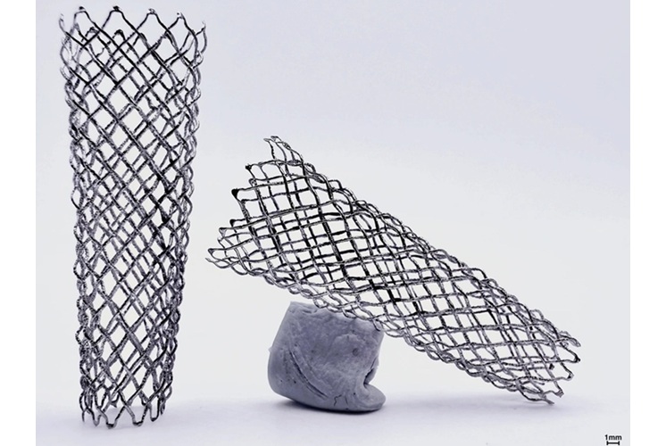 Image: 3D-printed nitinol tapered flow-diverter stent with variable fiber density, sectional size and shape. (Photo courtesy of IMDEA Materials Institute)