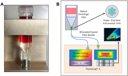 Image: Image (a) and schematic (b) of Optical centrifuge interface for isolated microorganisms; the microbial pellet is shown illuminated with a green laser (Photo courtesy of bioMérieux).