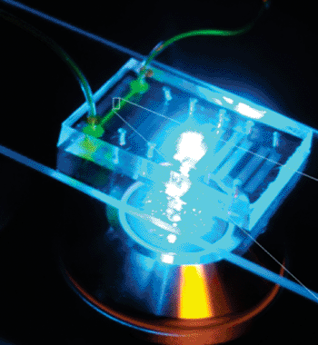 Image: Microfluidic device for six assays under the microscope (Photo courtesy of BioMEMS Resource Center).