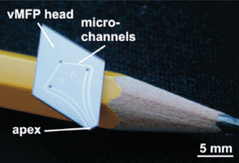 Image: The vertically oriented microfluidic probe (vMFP) (Photo courtesy of IBM Research-Zurich).