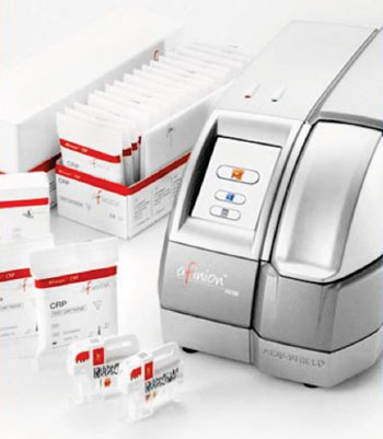 Image: The Afinion AS100 Blood Analyzer and C-Reactive Protein (CRP) test kit (Photo courtesy of Axis Shield).