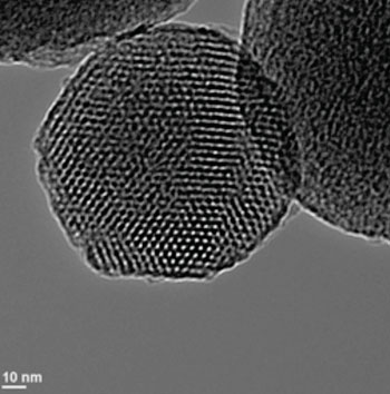 Image: TEM (transmission electron micrograph) of a mesoporous silica nanoparticle (Photo courtesy of Wikimedia Commons).