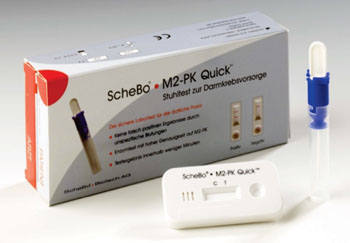 图片B：免疫色谱法粪瘤M2-PK快速检验（iM2-PK）（照片由ScheBo Biotech提供）。