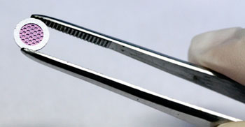 图片A:为了开发转移癌症的液体活组织检查,科研人员设计了微型硅筛,密集排布的孔可快速捕捉全血中的循环肿瘤细胞(图片蒙生物工程与纳米技术学院惠赐)。 图片A:为了开发转移癌症的液体活组织检查,科研人员设计了微型硅筛,密集排布的孔可快速捕捉全血中的循环肿瘤细胞(图片蒙生物工程与纳米技术学院惠赐)。