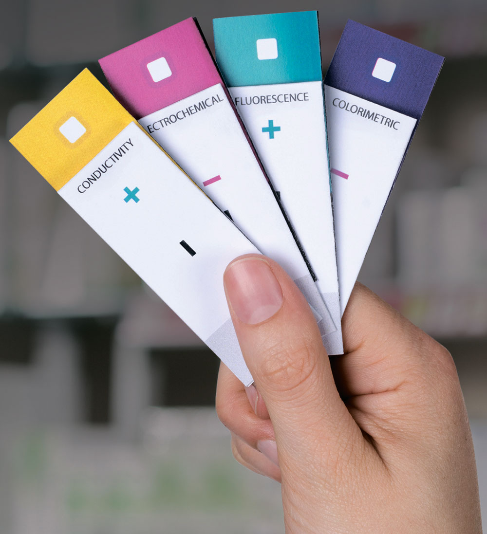 图片A：新的基于“Xylem\"喷墨打印技术将一张纸变成了一组快速低成本检测材料。在以六角形折叠入传统的检测卷之前，任何一种此类检测材料将先配备一套定制的测试模块（照片由Cambridge Consultants提供）。