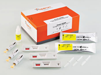 Image: Simple CD2WB immunochromatographic test designed to detect, in human blood, IgA-type antibodies against human tissue transglutaminase, the main autoantigen recognized by the anti-endomysial antibodies, and antibodies against gliadins. Its use is particularly indicated in the case of celiac disease in pediatric patients (Photo courtesy of Operon).