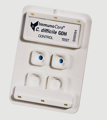 图片：ImmunoCard艰难梭菌GDH快速酶免疫测定(EIA)可检测大便样本中艰难梭菌共有的抗原谷氨酸脱氢酶(GDH)（图片蒙Meridian Bioscience公司惠赐）。