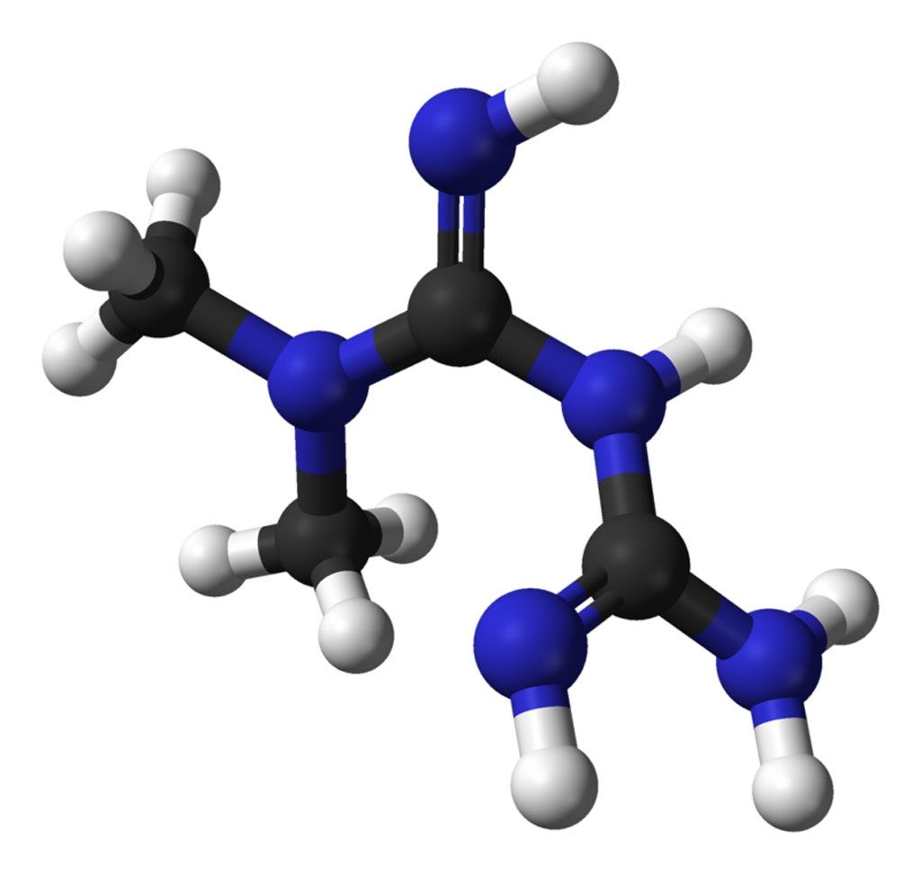 Image: A ball-and-stick model of the metformin molecule (Photo courtesy of Wikimedia Commons).